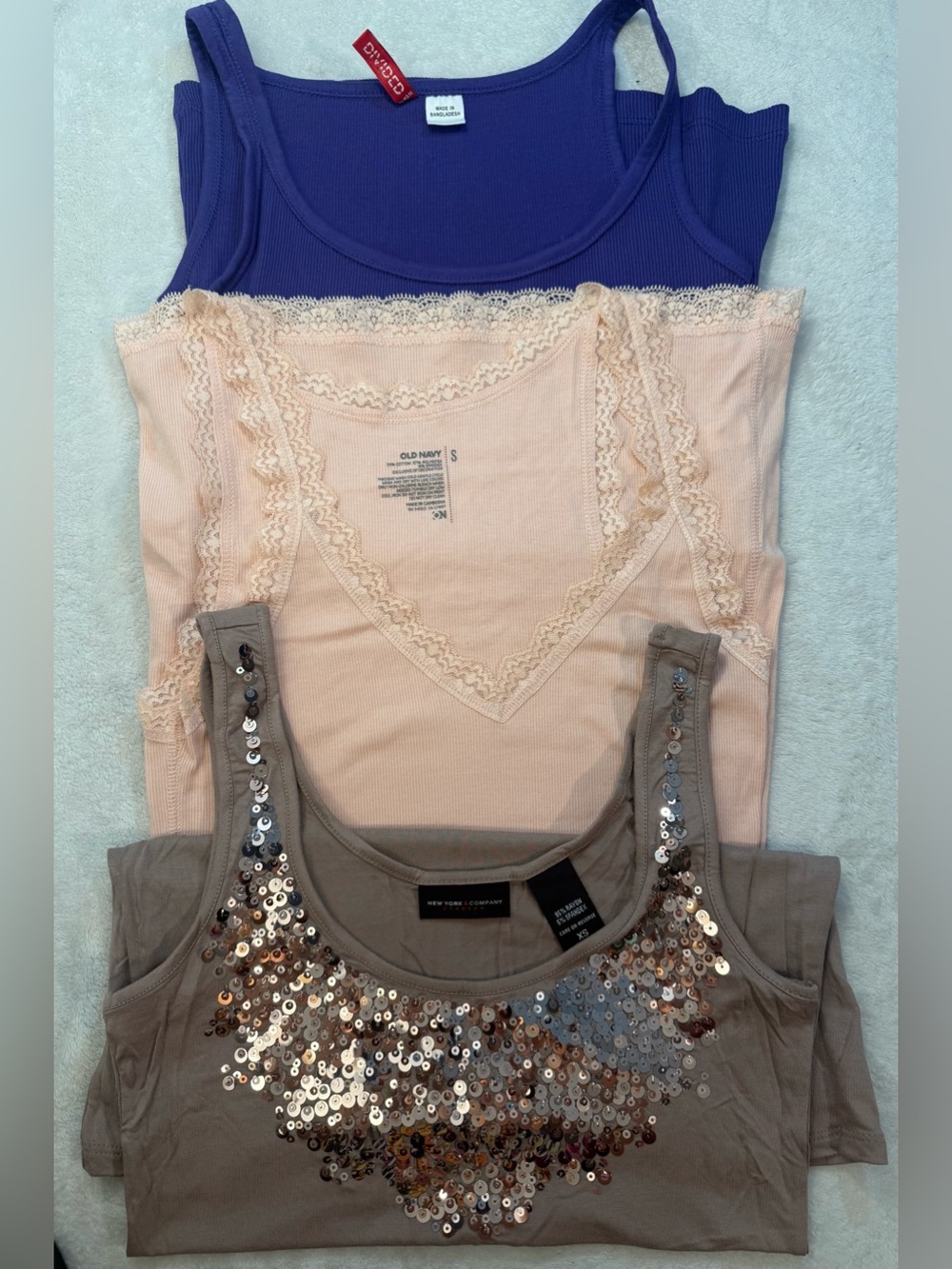 New York & Company Taupe Sequin Tank Top . Old Navy beige . Purple Divided top
